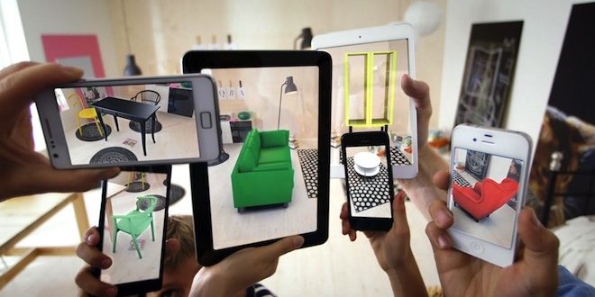 phones using augmented reality in a living room